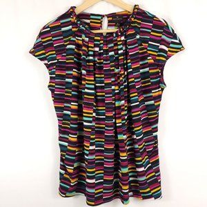 Worthington Womens Short Sleeve Pleated Striped Multi-Colored Blouse Size M